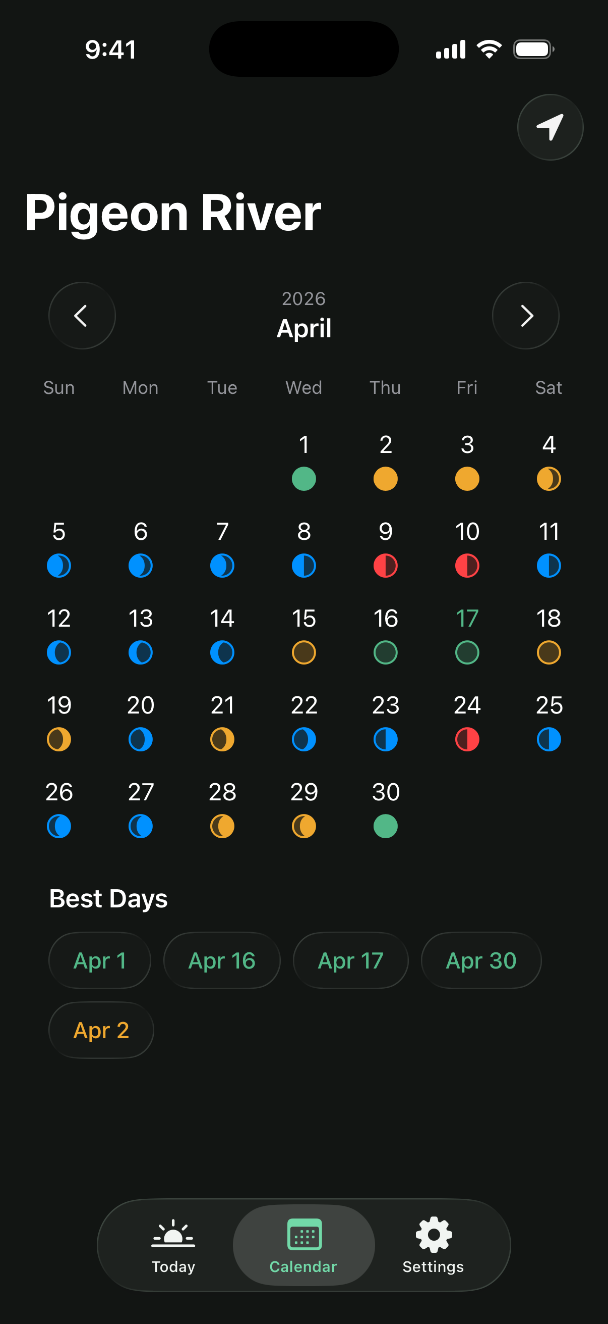 Calendar screen showing a month grid with color-coded activity ratings and moon phase icons